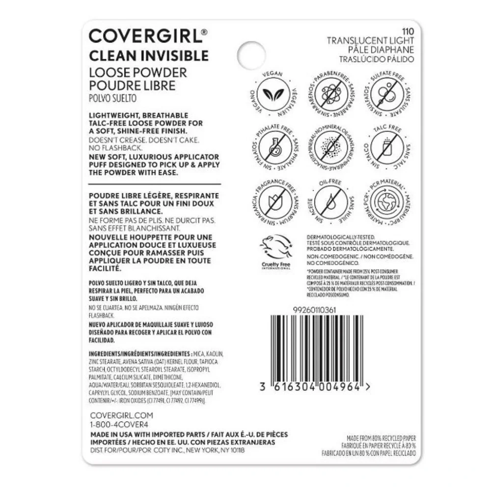 Covergirl clean invisible loose powder #110 translucent light face powder new!